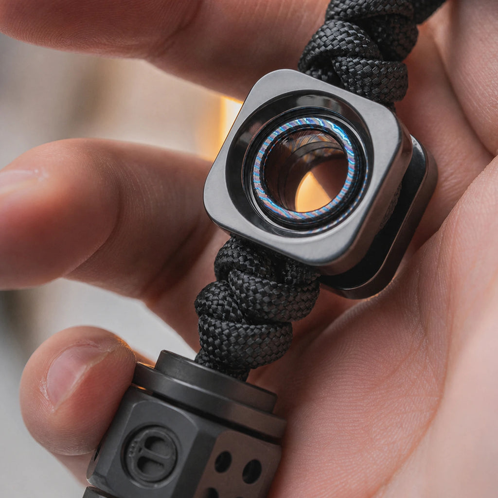 Square EDC lanyard bead with layered circular center held in one hand