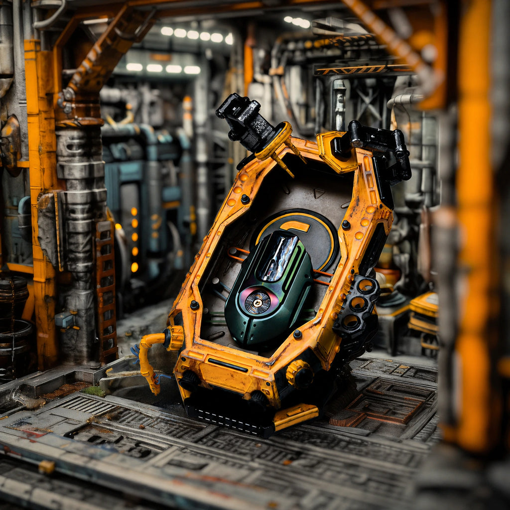 Orange mechanical EDC display stand in an industrial desk scene