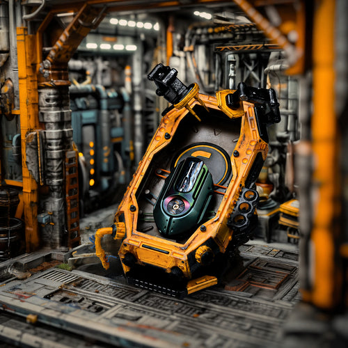 Orange mechanical EDC display stand in an industrial desk scene