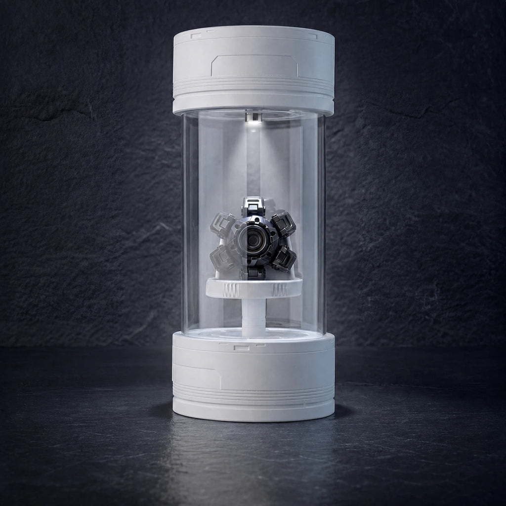 Lighted cylindrical display case with a collectible on the interior stand