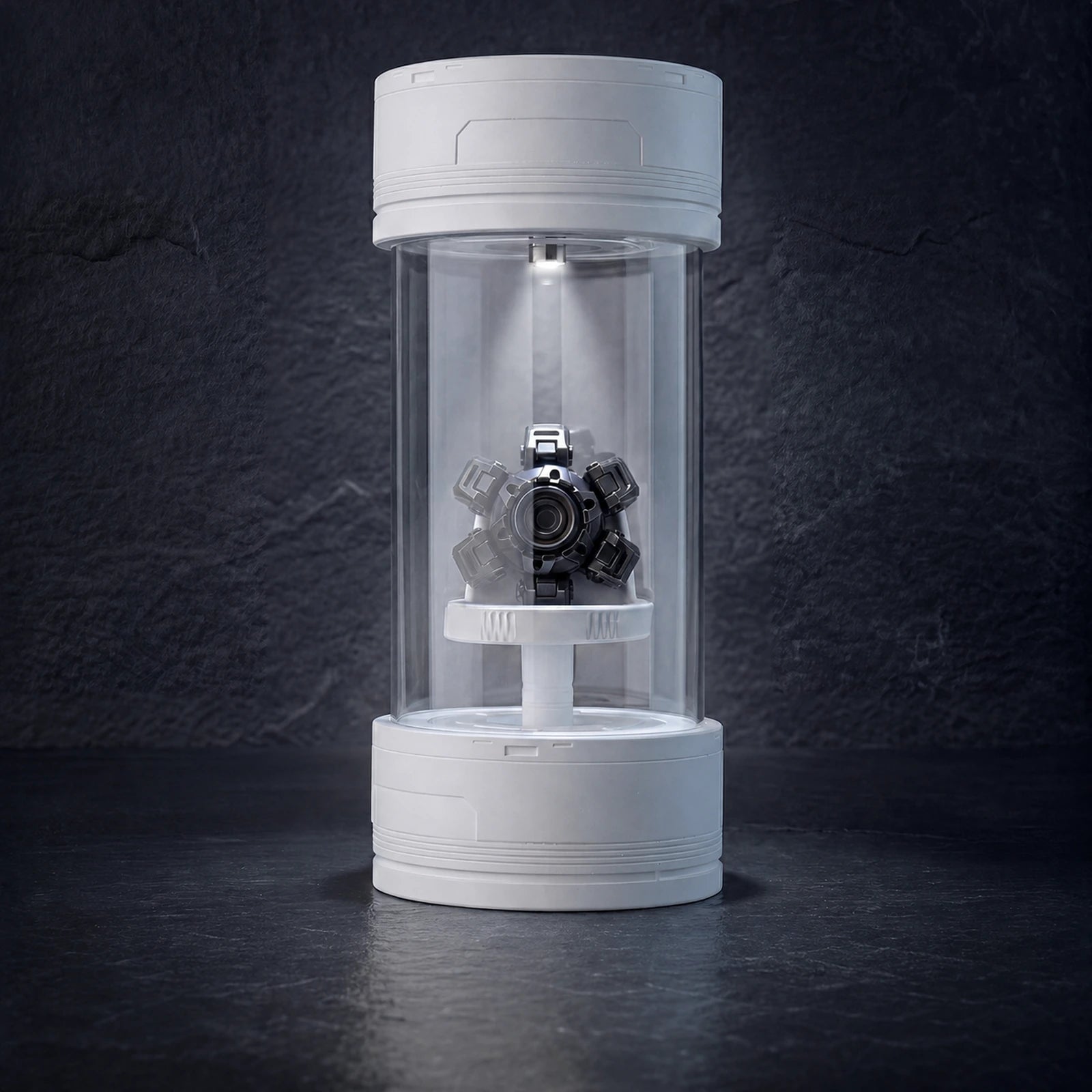 Lighted cylindrical display case with a collectible on the interior stand