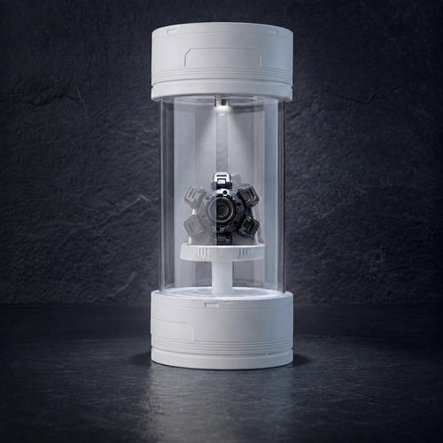 Lighted cylindrical display case with a collectible on the interior stand