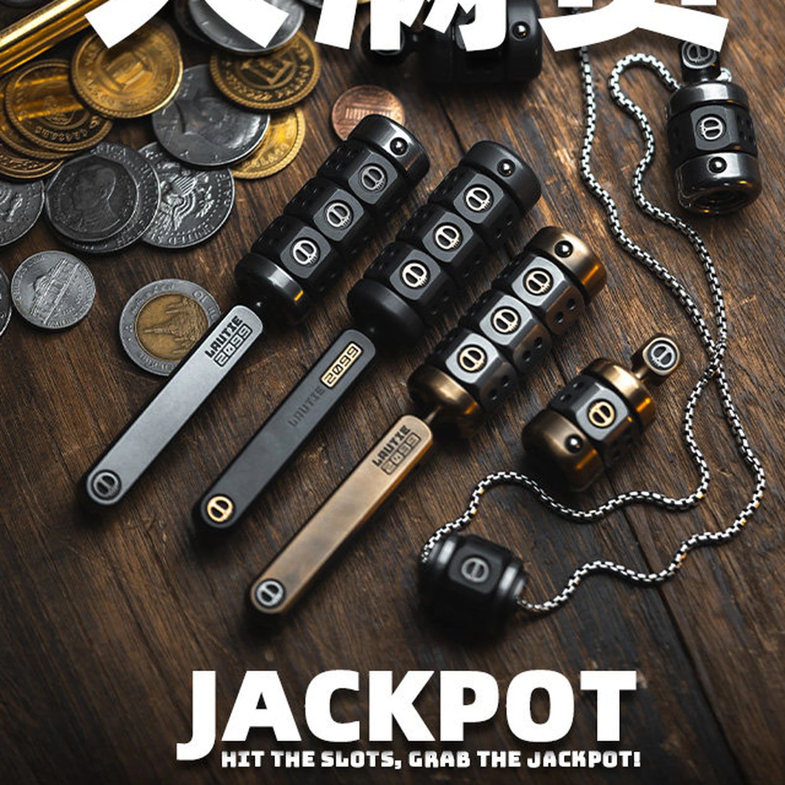 Magnetic fidget toy handle and pendant configurations on a wood tabletop
