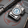 BIT-02 blue-accent titanium-alloy two-lobe fidget spinner close-up