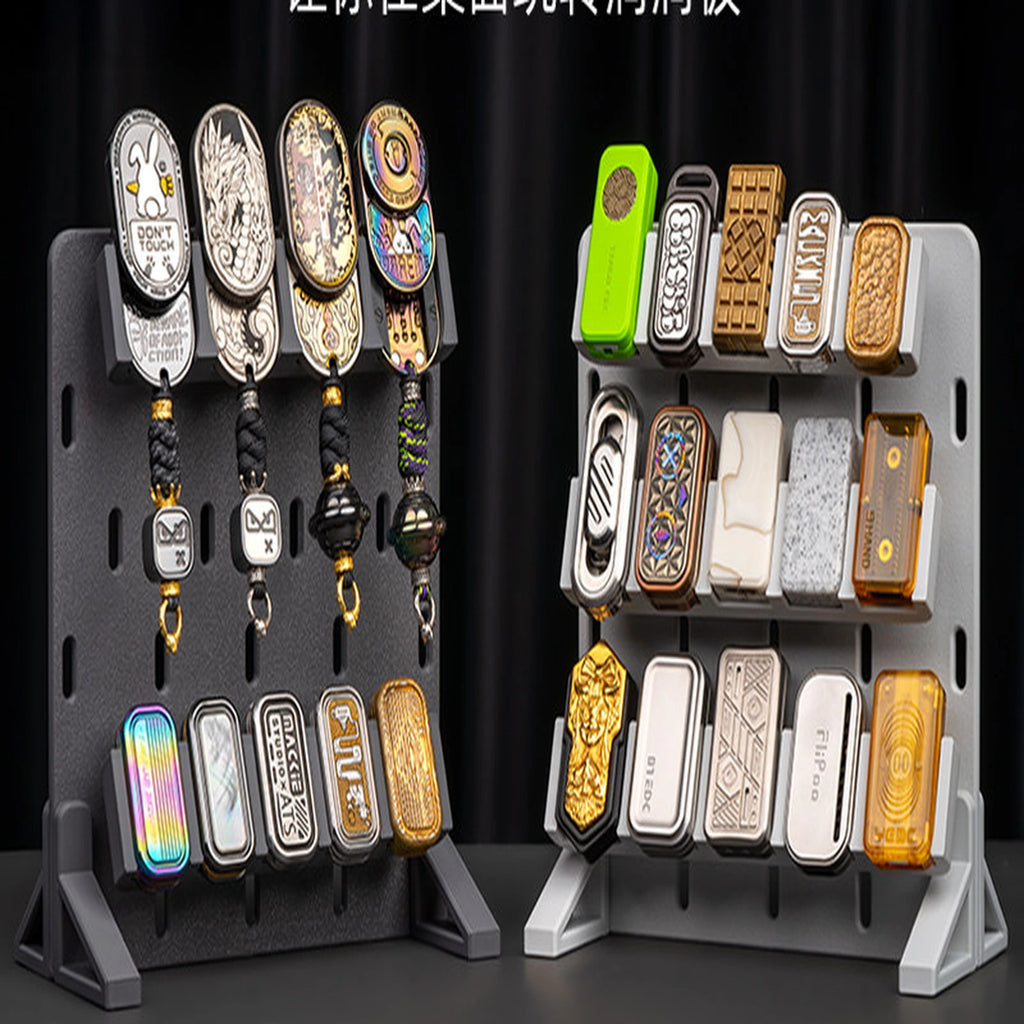 Dark gray and light gray pegboard organizers displaying compact EDC items