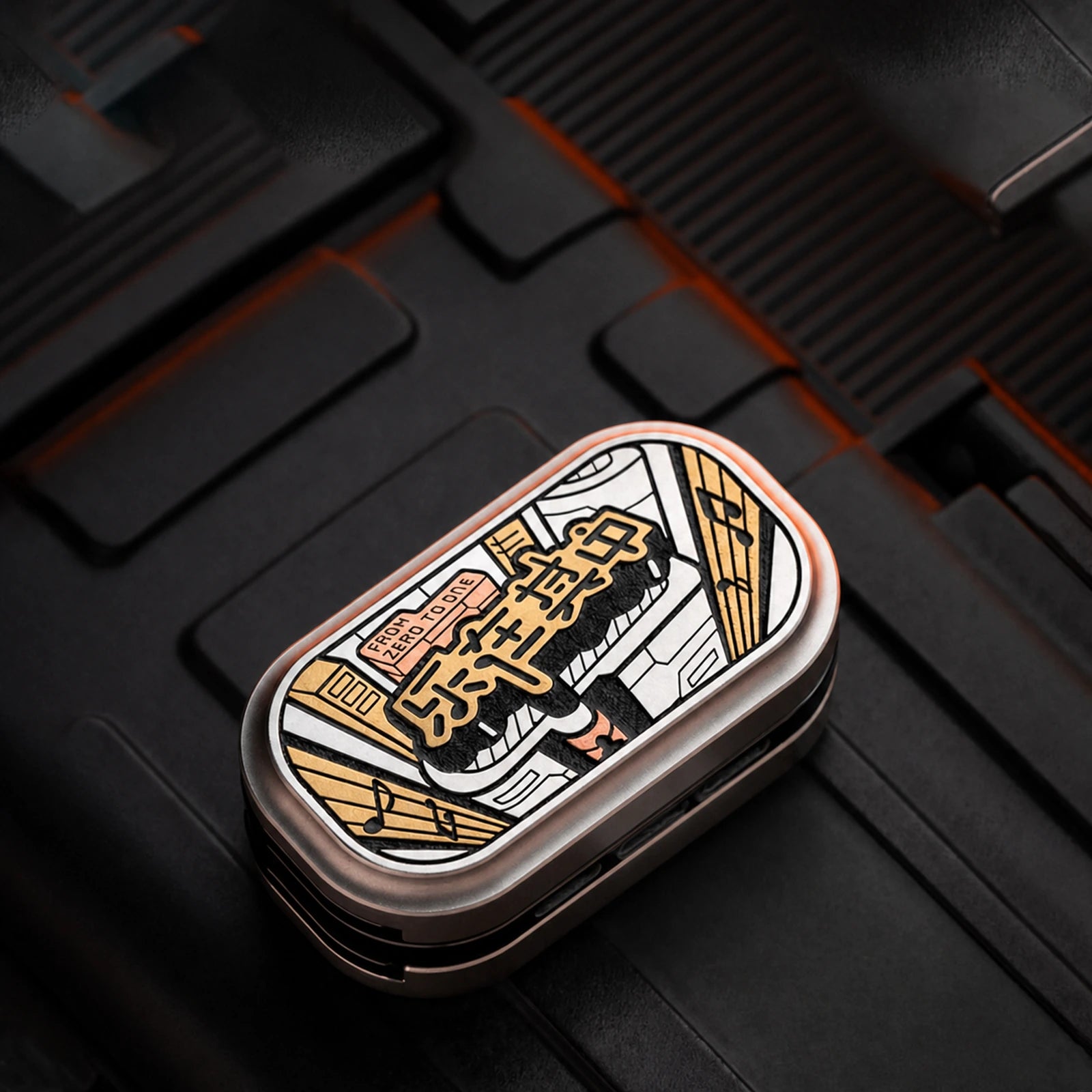 Modular fidget slider with illustrated music-themed outer shell