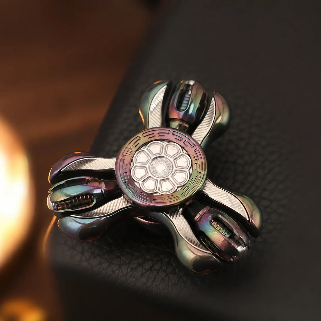 Prayer Wheel three-lobe fidget spinner in rainbow zirconium finish