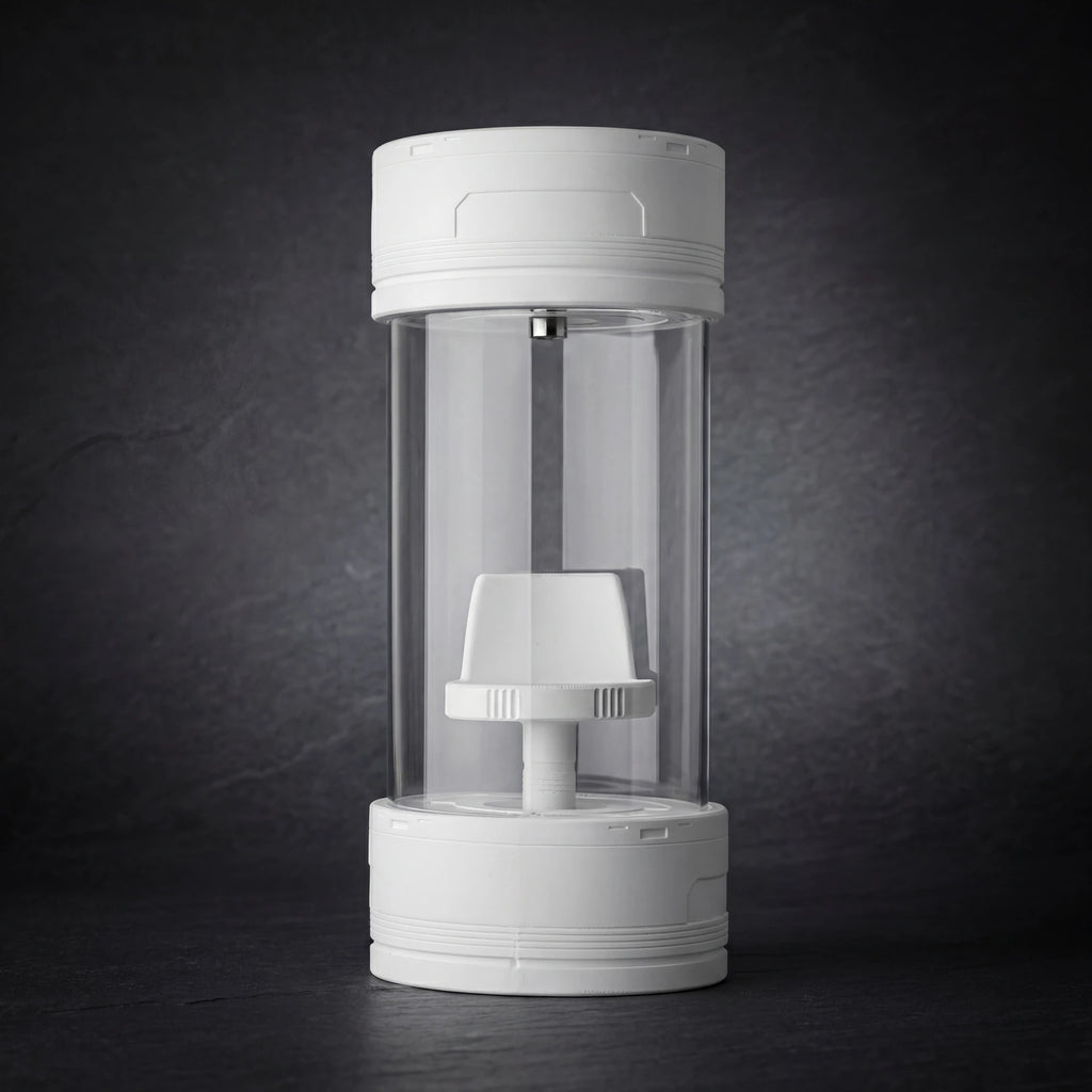 Empty cylindrical glass display case with upper light and raised stand