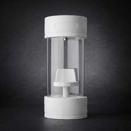 Empty cylindrical glass display case with upper light and raised stand