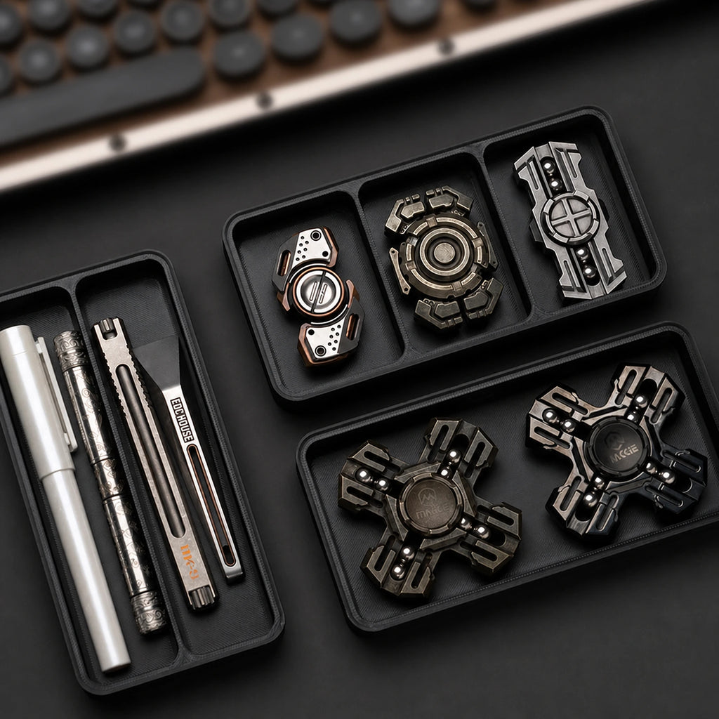 Stackable EDC organizer trays holding pocket tools and desk accessories