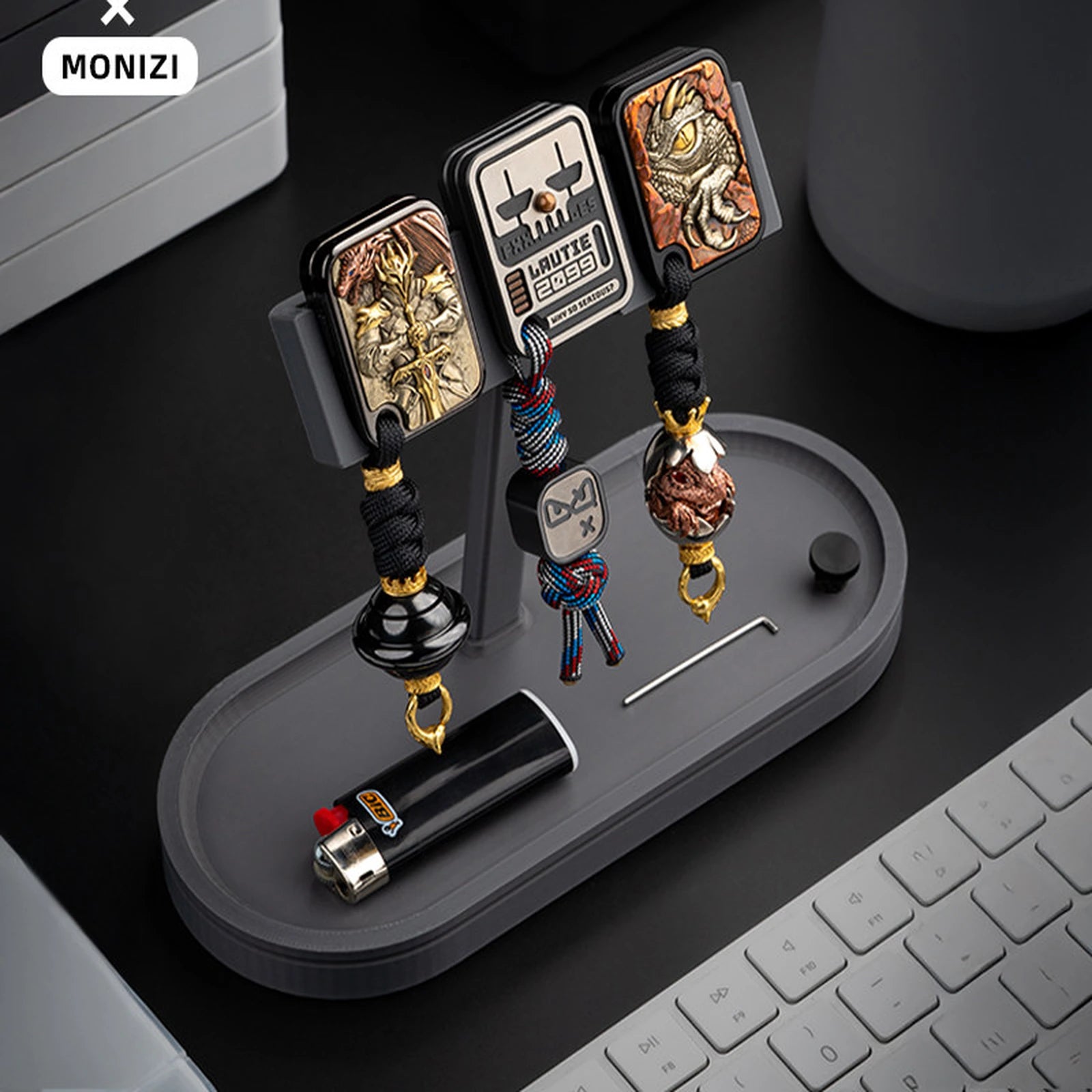 Dark gray modular pegboard stand with hanging pendants and base tray