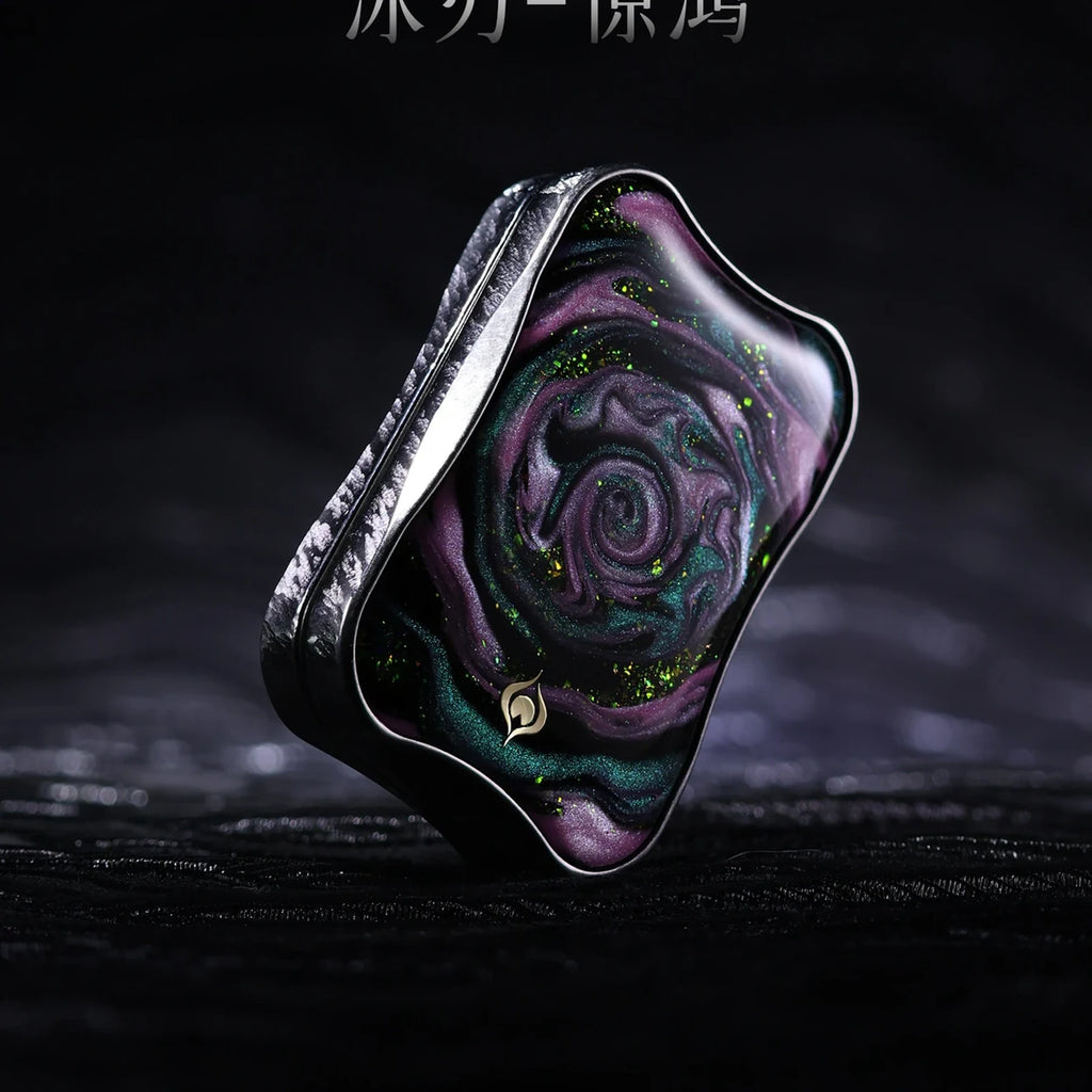 Metal fidget slider close view with dark rose swirl color inlay