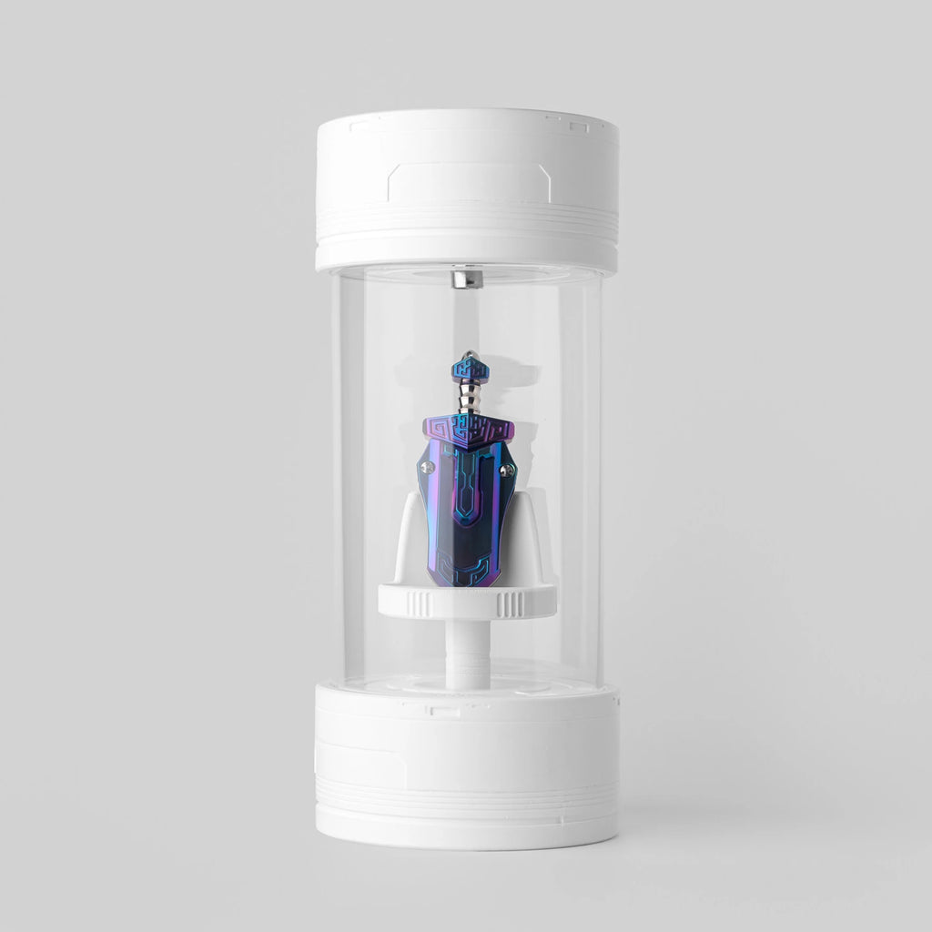 Tall collectible example displayed inside the clear cylindrical case