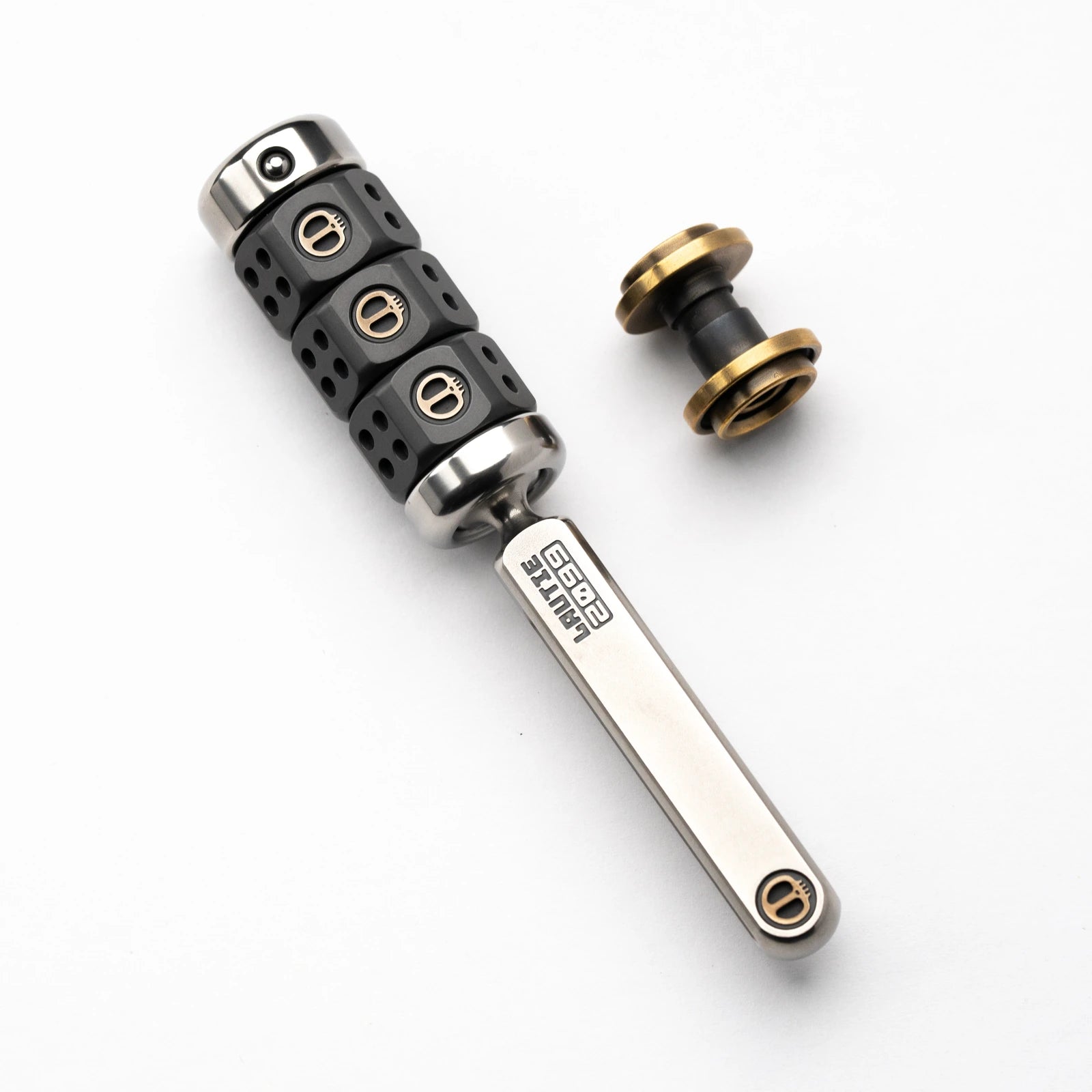 Magnetic ratchet fidget toy in handle set / steel + zirconium / brass button configuration