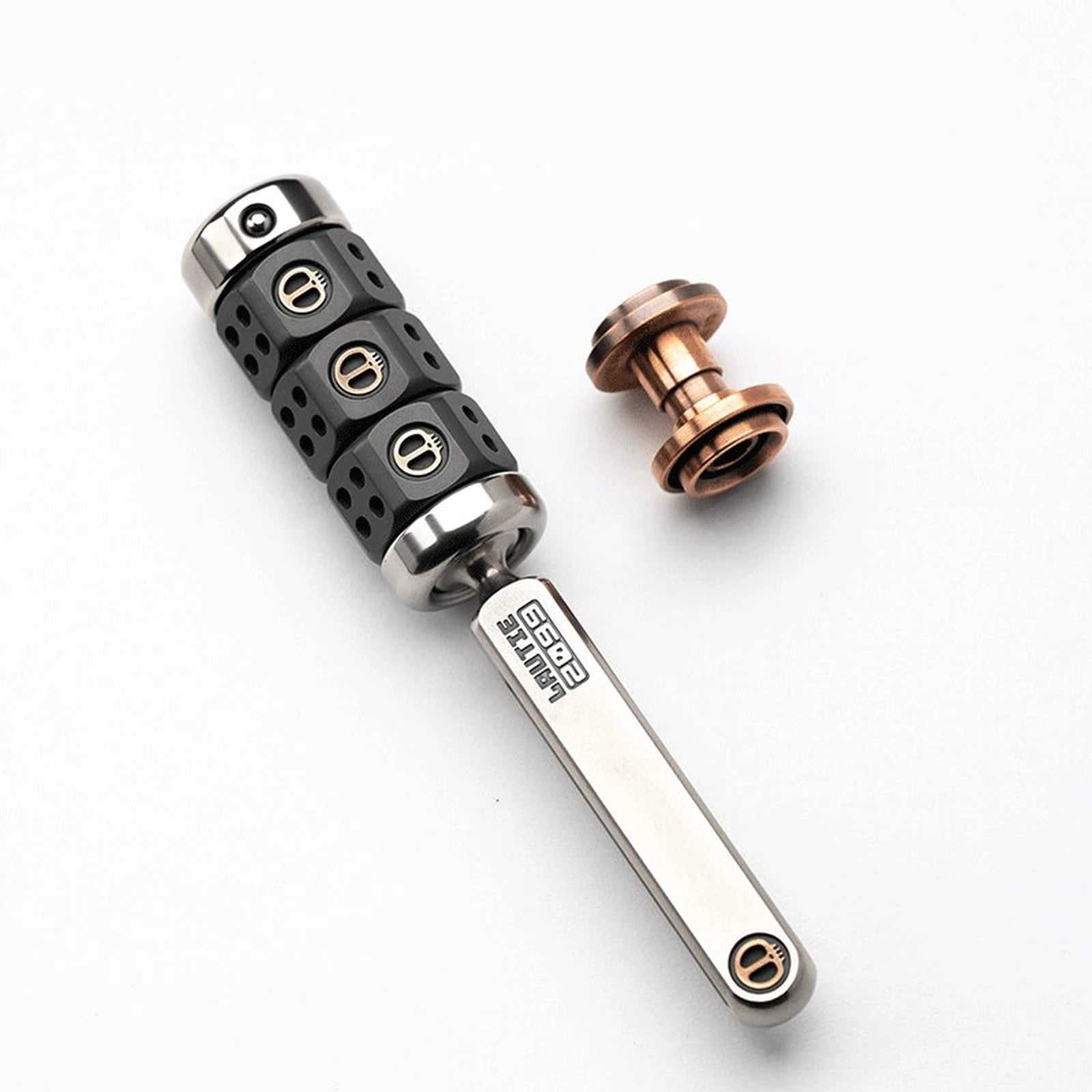 Magnetic ratchet fidget toy in handle set / steel + zirconium / copper button configuration