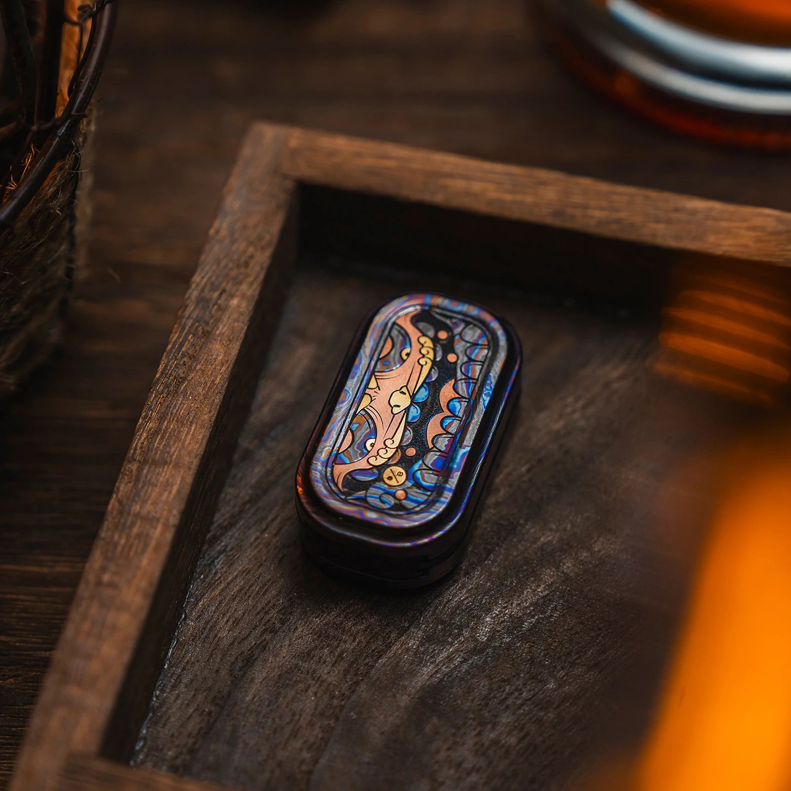 Modular fidget slider option: Zirconium Damascus Shell Artwork with PTFE Insert