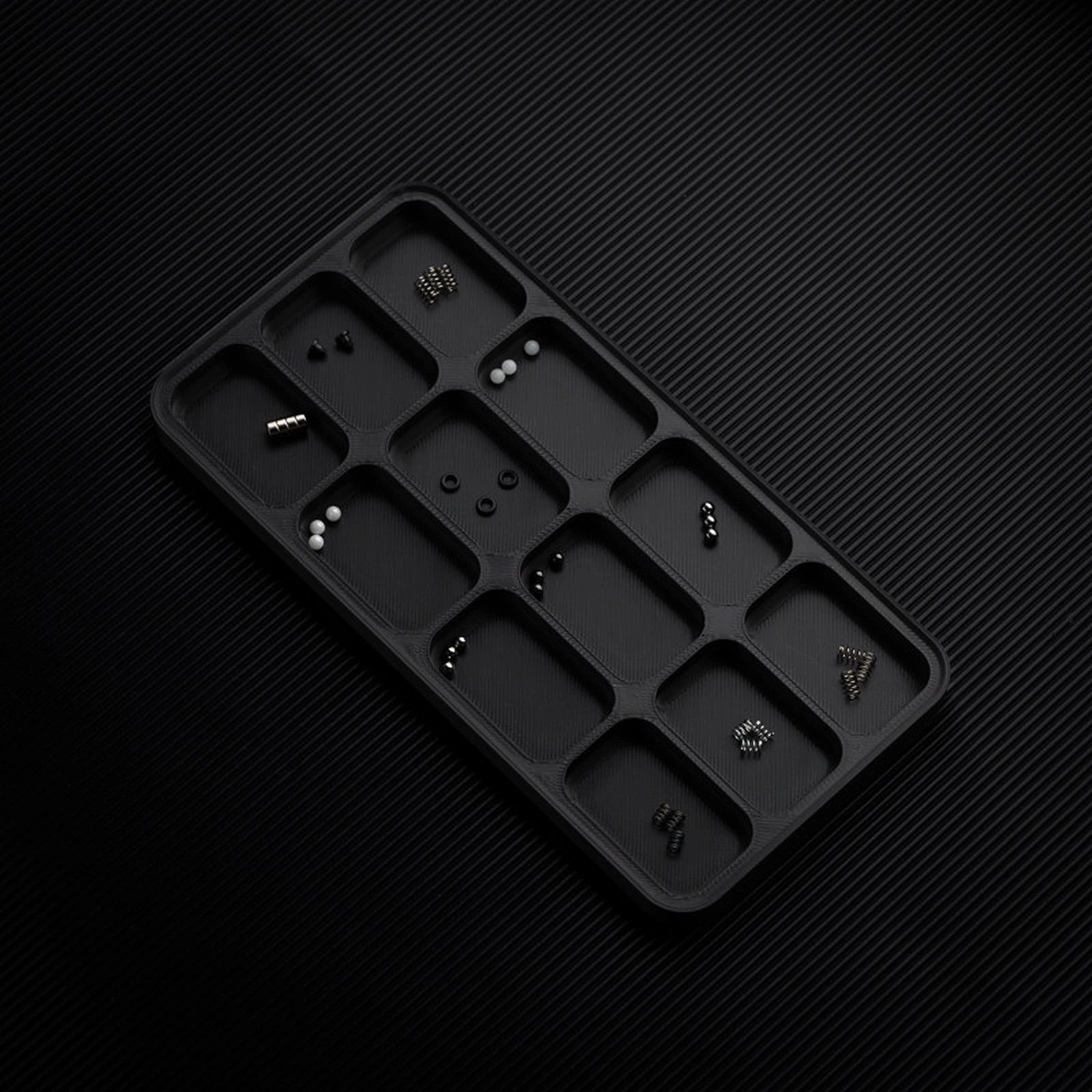 Black stackable organizer tray with low 12 compartments layout
