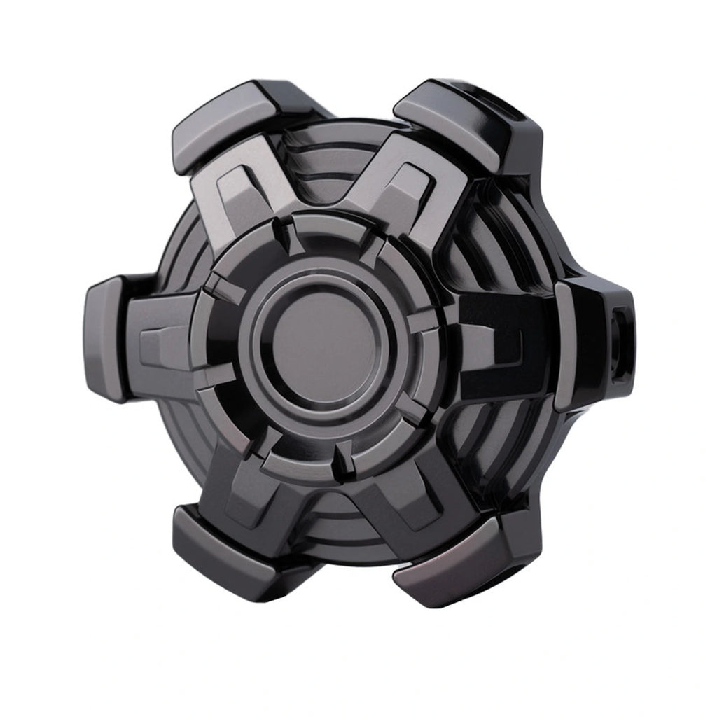 Front view of a black five-arm articulated fidget spinner