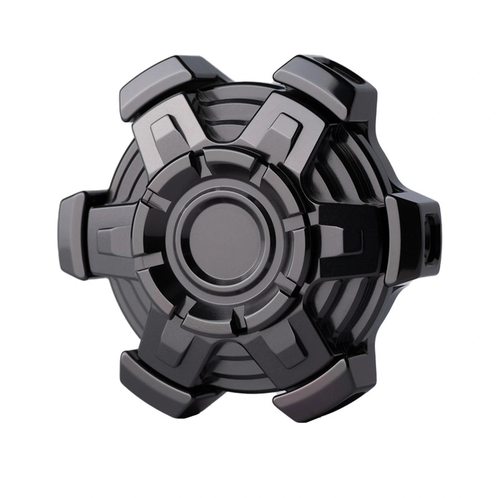 Front view of a black five-arm articulated fidget spinner